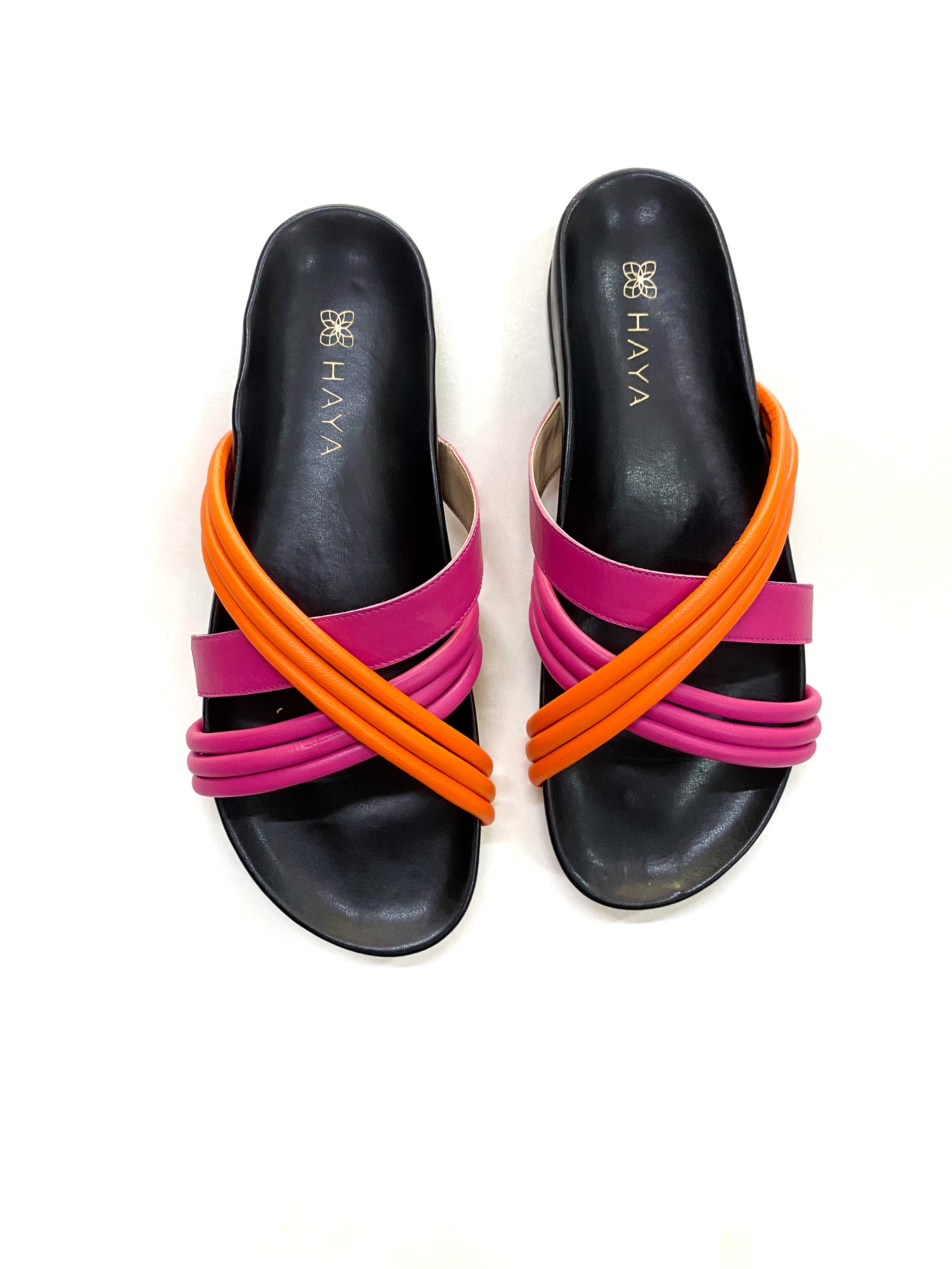 Flat Eva Rosa e Laranja em Couro | Haya Shoes